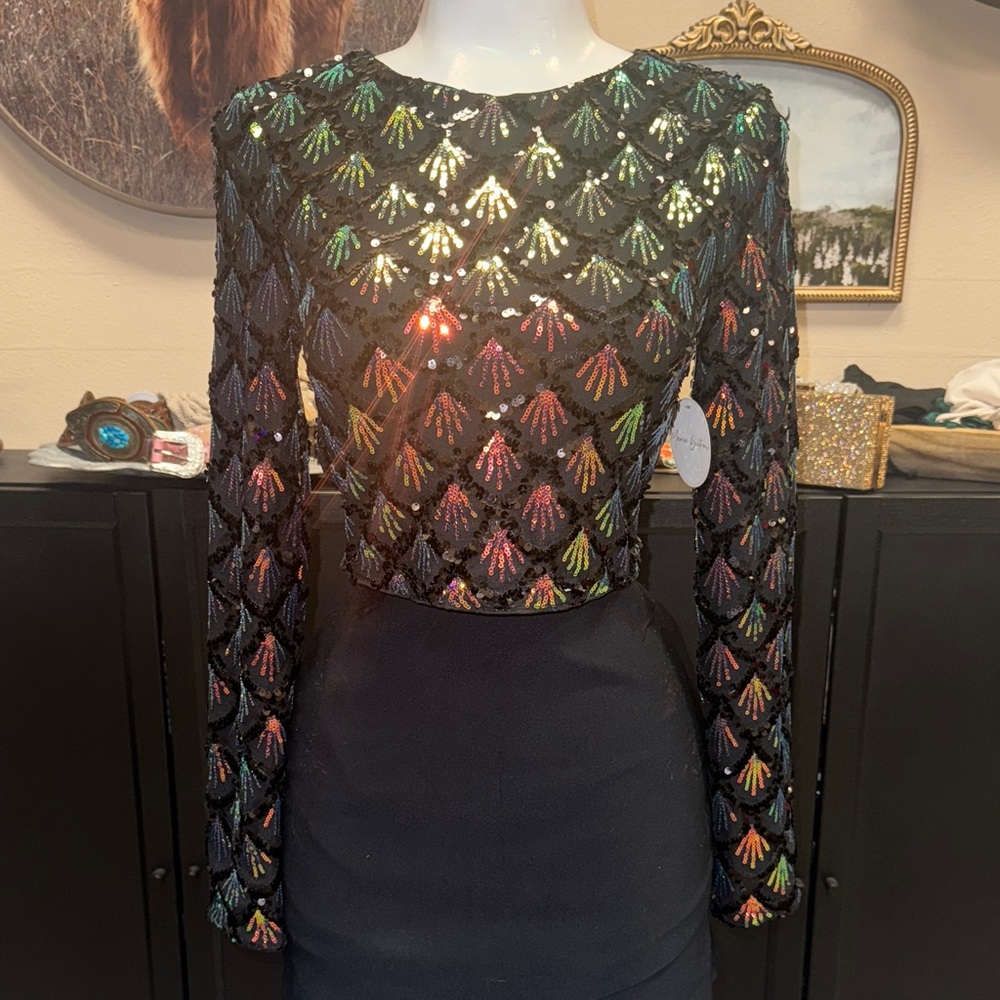 Sequin Embellished Black Crop Top